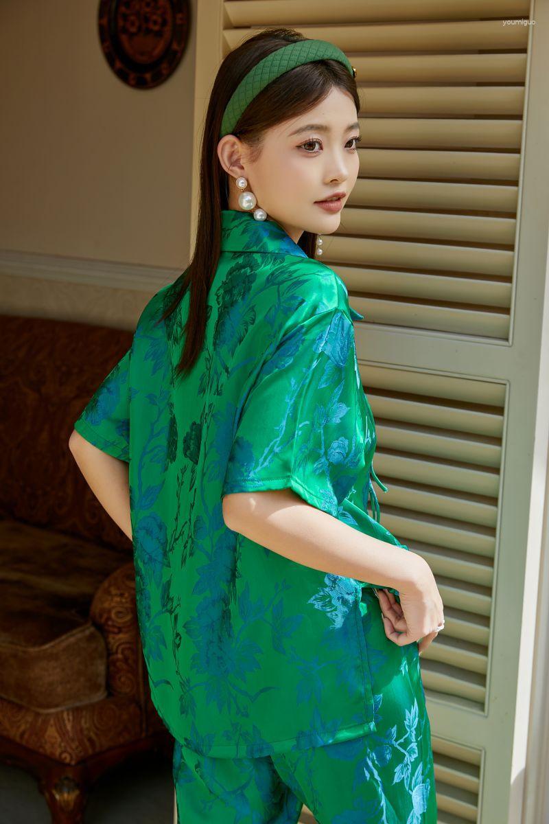 

Women's Sleepwear 2023 Summer Chinese Jade Emerald Pajamas Ice Silk For Women Green Pajama Sets