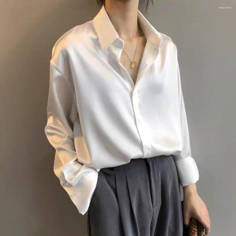 

Women' Blouses Long Sleeved Satin Blouse Women Camisas De Mujer Vintage Loose Shirt Elegant Womens Tops Fashion Clothes Design Shirts, White