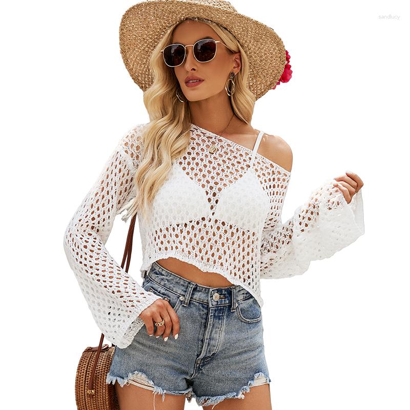 

Women's Swimwear 2023 Summer Beach Swim Tops Openwork Loose Pullover Knitwear Bell Sleeve Short Blouse Hollow Out Knitted Sweater Women #973, Green