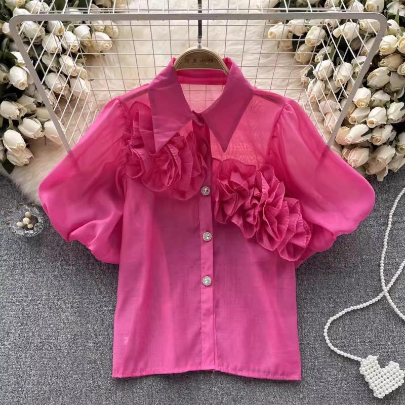 

Women's Blouses Summer Women's Sweet Ruffles Turn-Down Collar White Shirt Puff Short Sleeve Single-Breasted Loose Perspective Tops, Green