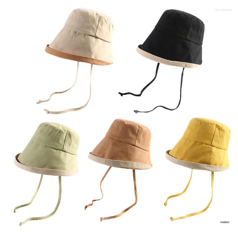 

Berets Women Summer Sunscreen Dome Bucket Hat Roll-Up Wide Brim Contrast Color Beach Panama Fisherman Cap With Chin Strap, Gn