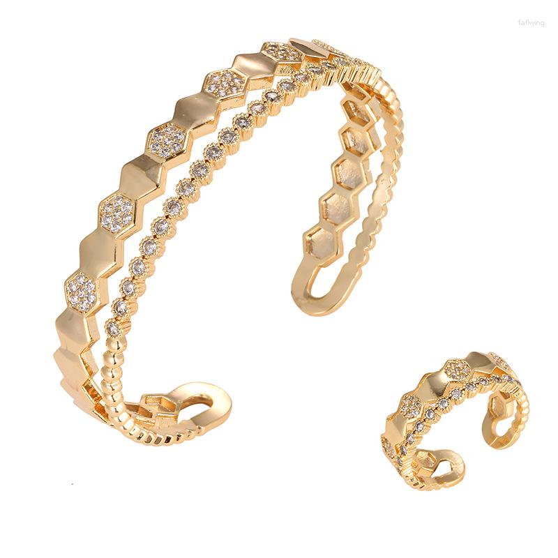 

Necklace Earrings Set High Quality Women's Hexagonal Zircon Open Bracelet Ring Two Piece Suit Personalized Fashion Jewelry, Picture shown