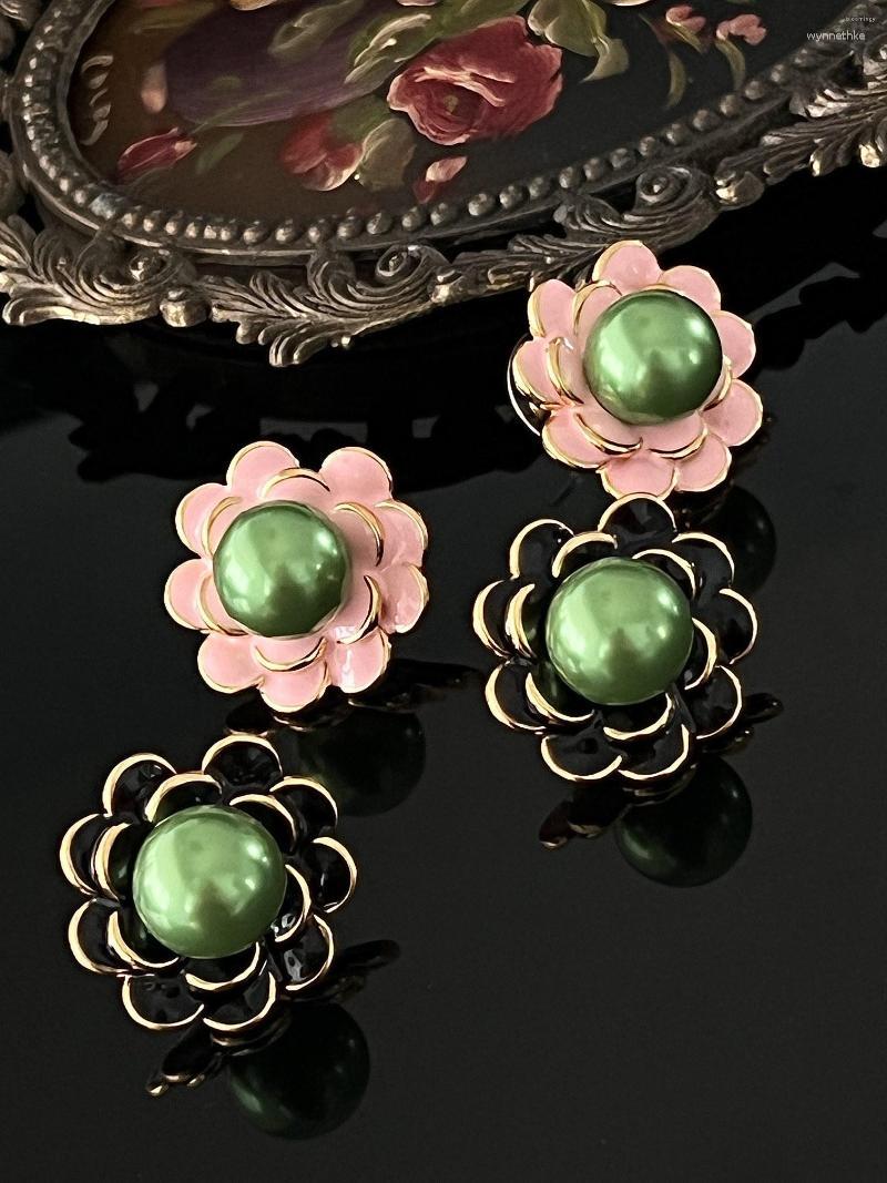 

Stud Earrings Enamel Drop Oil Three-dimensional Flower Female Pink Sweet Color Pearl Temperament