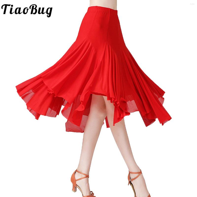 

Stage Wear Latin Midi Skirts FWomens Waltz Salsa Belly Dance Ruffled Irregular Hem Solid Skirt For Woman Performance Costume, Red
