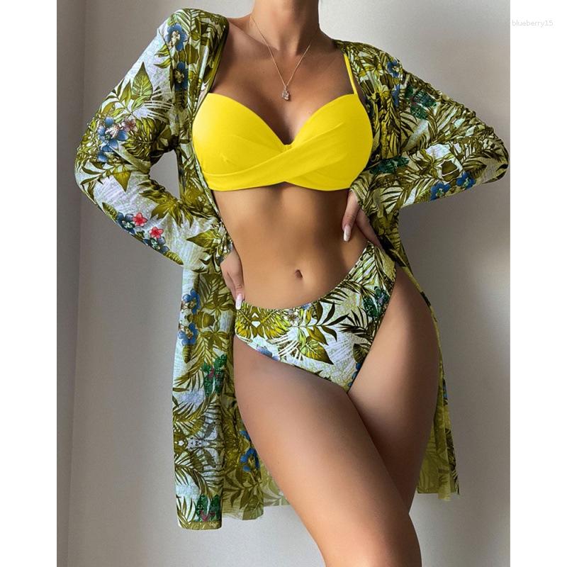 

Women's Tracksuits 2023 Three-Piece Hard Bag Bikini Multi-Color Printed Long Blouse Swimsuit For Women, Picture color 11