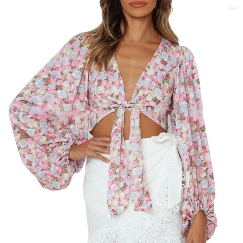 

Women' Blouses Sexy Women Shirt Lantern Sleeve Floral Print Bandage Lace Up 2023 Autumn Loose V Neck Short Elegant Top, Pink