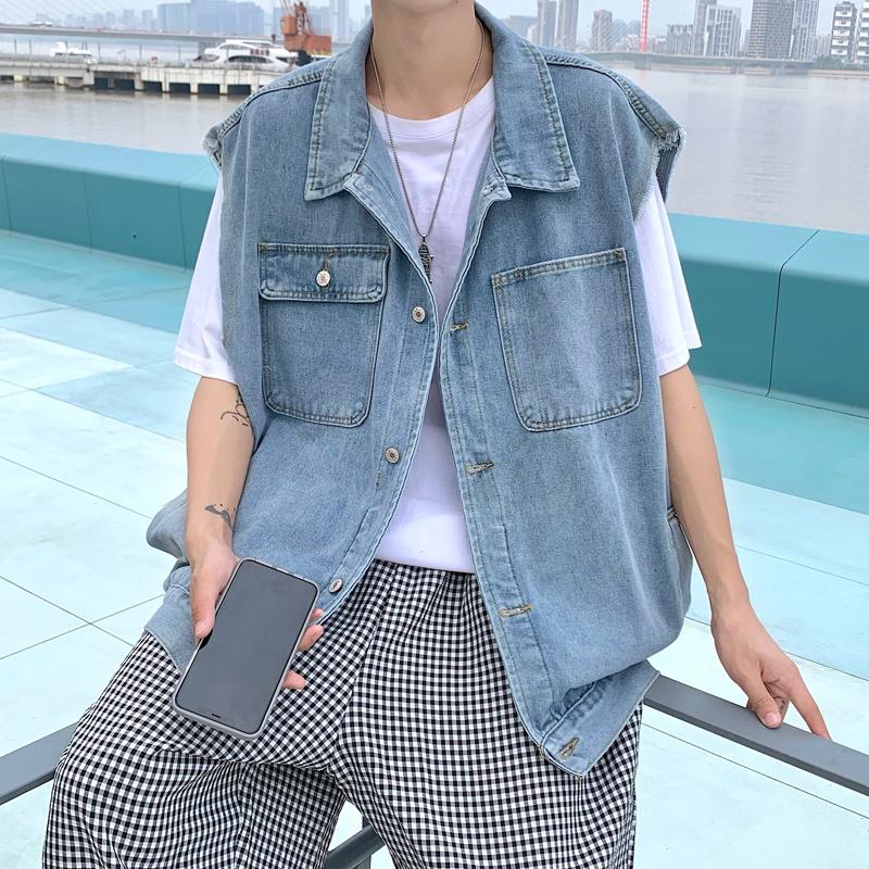 

Men' Vests Blue Denim Vest Men' Fashion Vintage Pocket Men Japanese Streetwear Hip-hop Loose Sleeveless Jackets Mens Jacket