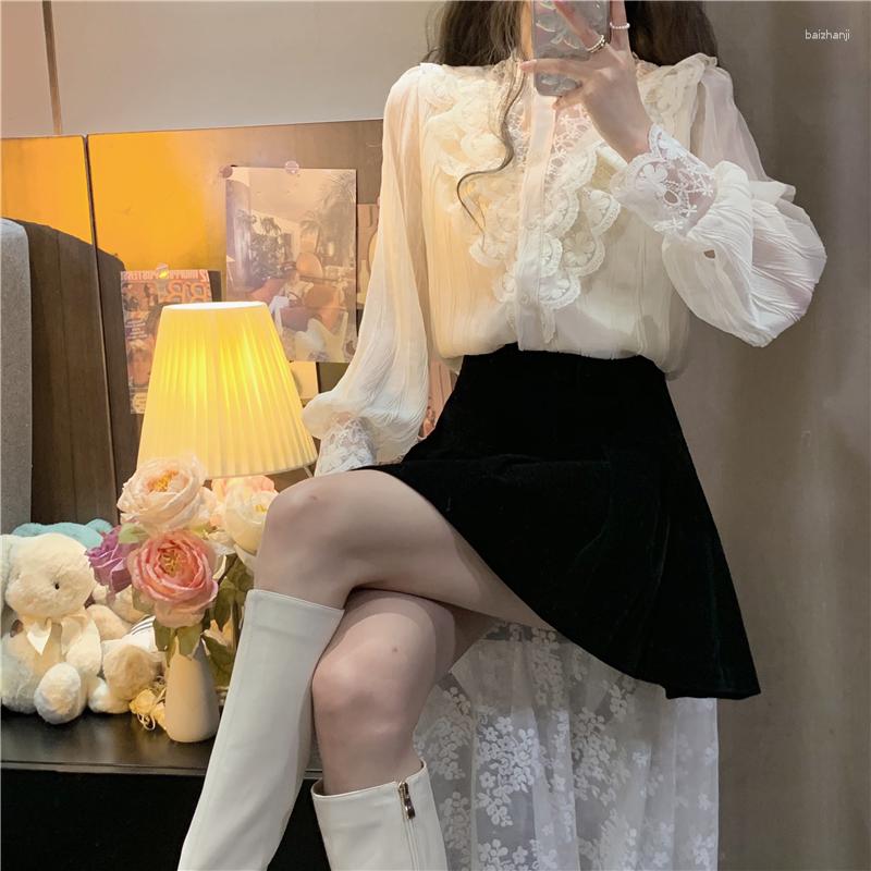 

Women's Blouses 2023 Arrival Spring Autumn Korean Style Women Long Sleeve O-neck Blouse Lace Patchwork Single Breasted Casual Shirts V259, Beige