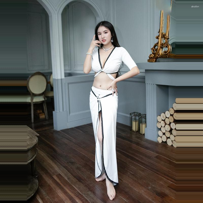 

Stage Wear Women Belly Dance Clothes Autumn And Winter Sexy Lace Long-sleeved Long Skirt Suit Three-piece Exercise, White