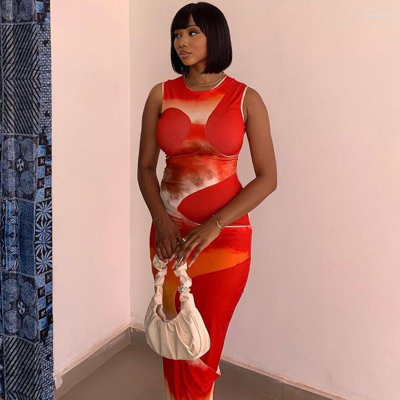 

Casual Dresses Fashion Print 2023 Summer Tank Dress O-Neck Sleeveless Bodycon Maxi Tight Long For Women, Red