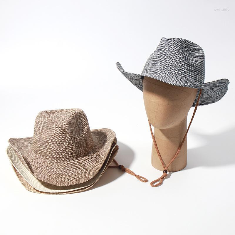 

Berets Men Women Straw Cowboy Hat Summer Wide Brim Western Sun With Adjustable Drawstring