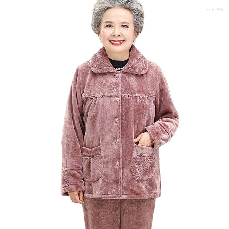 

Women's Sleepwear Fashion Winter Two Piece Suit Flannel Plus Velvet Thicken Pajamas Middle Aged Women Outfit Warm Home Service Suits 5XL, Grape purple