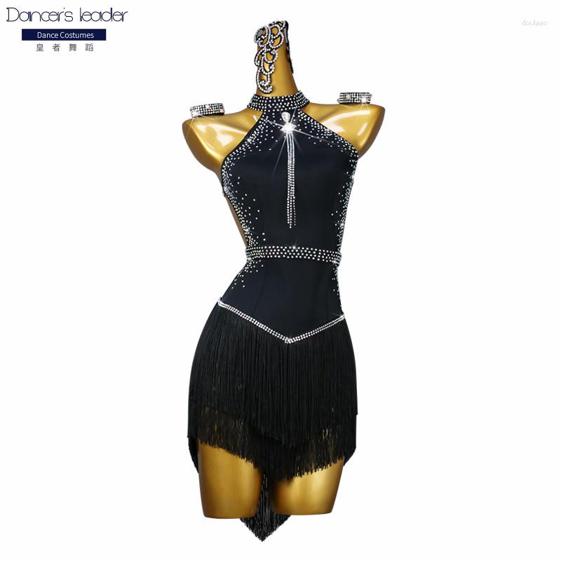 

Stage Wear Latin Dance Dress High End Customized Sexy Off Shoulder Embellishment Diamond Chacha Tango Female Adult Professional, Black