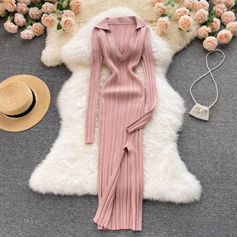 

Casual Dresses 2023 Sexy V-neck Short-sleeved Knit Bodycon Dress Women Autumn Slim Elastic High Split Mid-calf Ribbed Long, Black