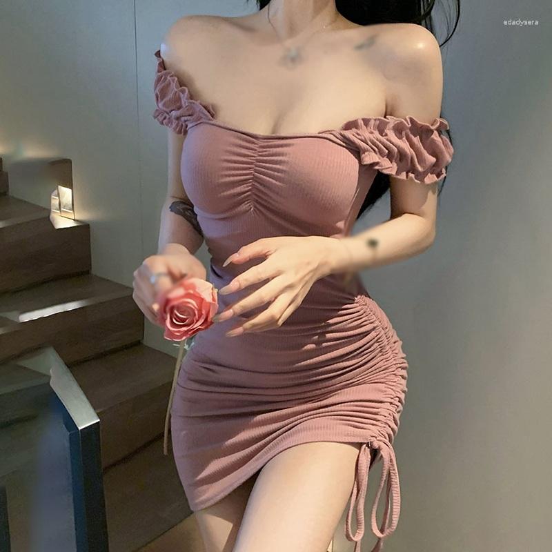 

Casual Dresses Korean Sexy Mini Dress For Women Hip Wrap Skirt Summer Solid Slash Neck Drawstring Slim Short Sleeve, Pink