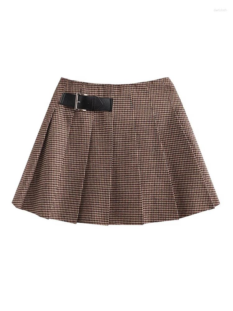 

Skirts Womens Spring Summer Casual Houndstooth Print Ladies Fashion False Belt Short Skirt Female High Waist Elegant, As photo