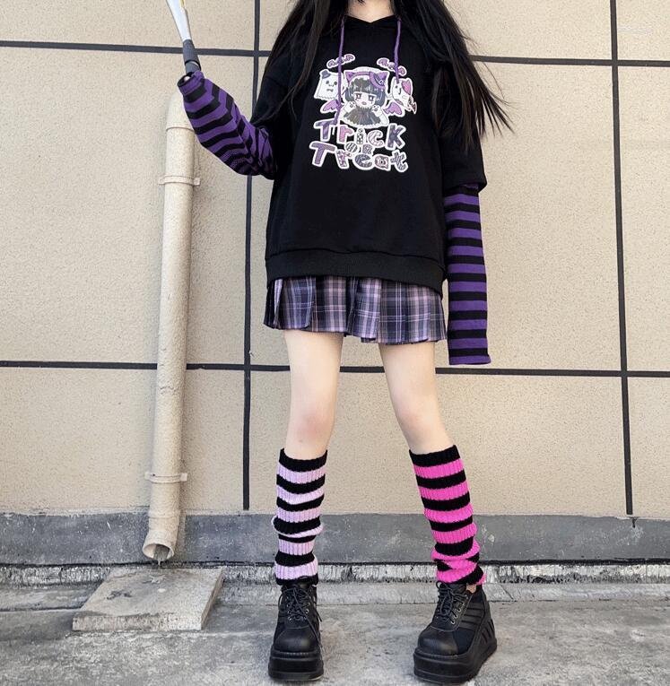 

Women Socks Spring Autumn Japanese Girl Knee Sleeve Warm Leg Cover Harajuku Stripe JK Handmade Knitted Warmer 7 Colors, Gold