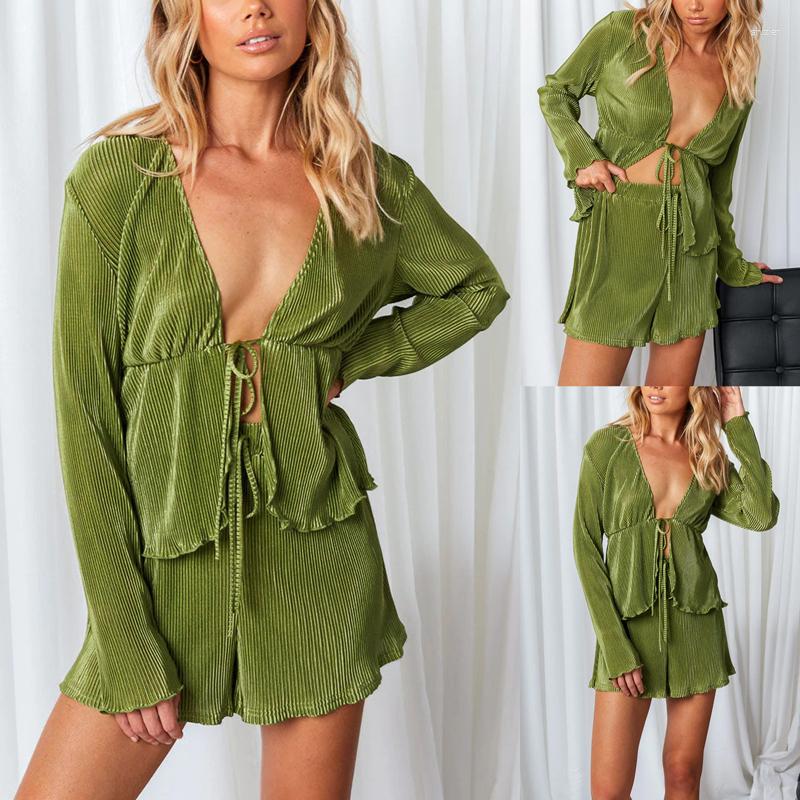 

Women' Swimwear Beach Cover Up For Women Outlet 2023 Long Sleeve Shorts Dress Sexy Neck Pressure Legged Pants Summer Solid Polyester Pareo, Green