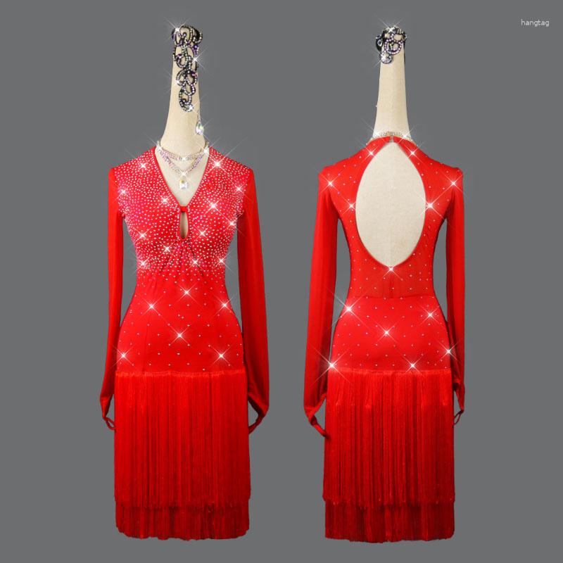 

Stage Wear Red Latin Dance Competition Suit Long Sleeve Sexy Women's Professional Tassel Dress Women Custom Performance Skirt