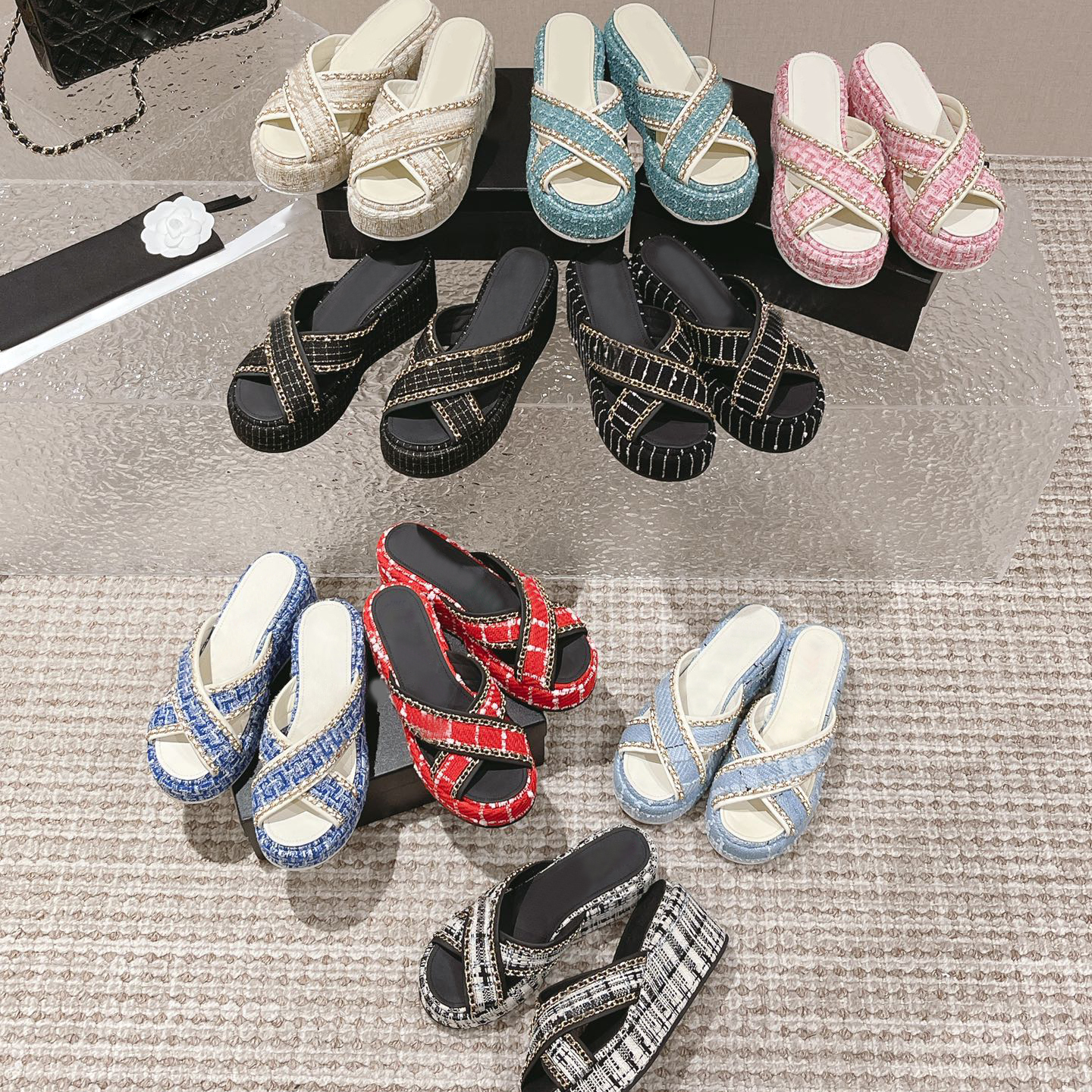 

Brand Sandals Best Quality Sandals Plaid Thick Sole Sandals 2023 New Cross Chain Sandals High Heels, Black