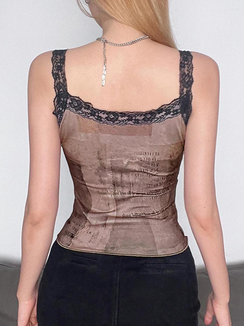 

Women' Tanks Retro-Inspired Women  Sleeveless Tank Top With Butterfly Print And Gothic Square Trim - Perfect For 90s Aesthetic E-Girl, Brown