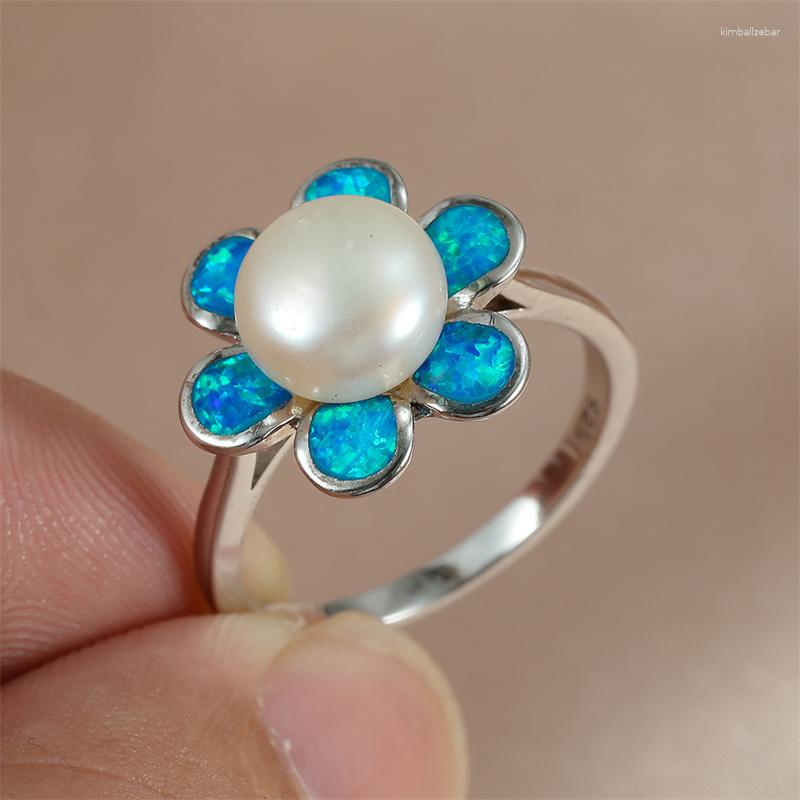 

Wedding Rings Boho Female Small Pearl Flower Ring Fashion Big Silver Color For Women Blue Fire Opal Engagement