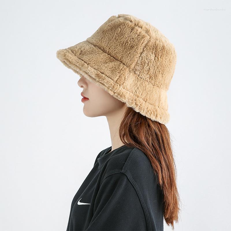 

Berets Fashion Fisherman Hat Winter Plush Basin Warm Japanese Soft Girl, White