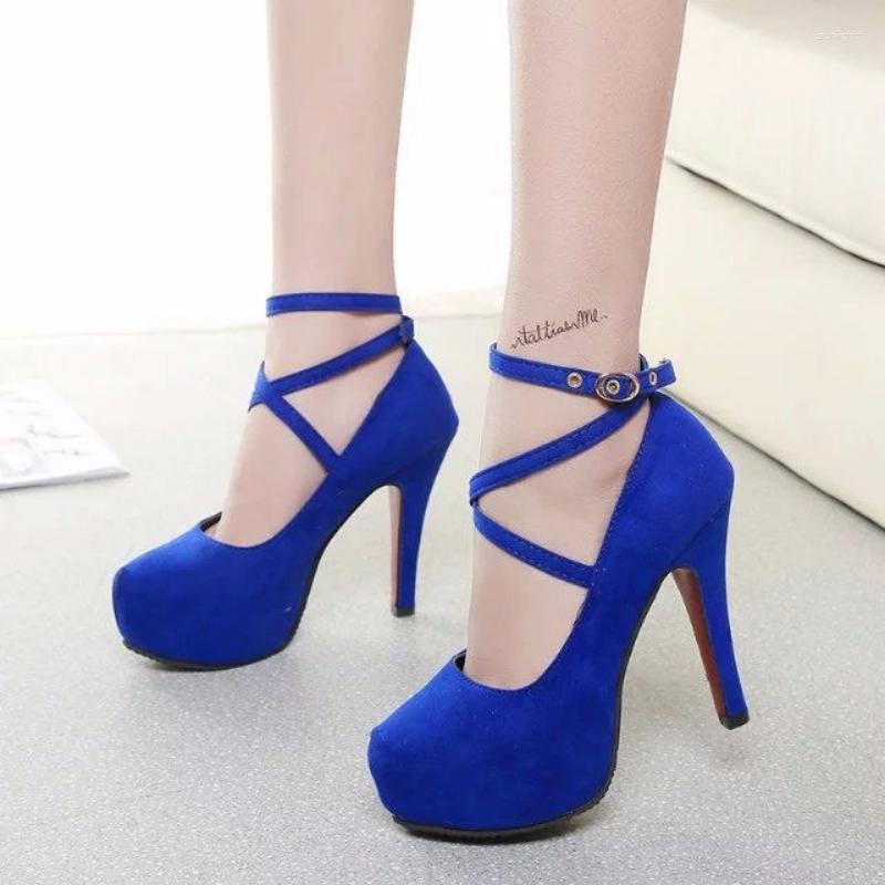 

Dress Shoes 12CM High Heels Women 2023 Round Toe Platform Women's Pumps Buckle Strap Sexy Stiletto Zapatos De Mujer, Blue