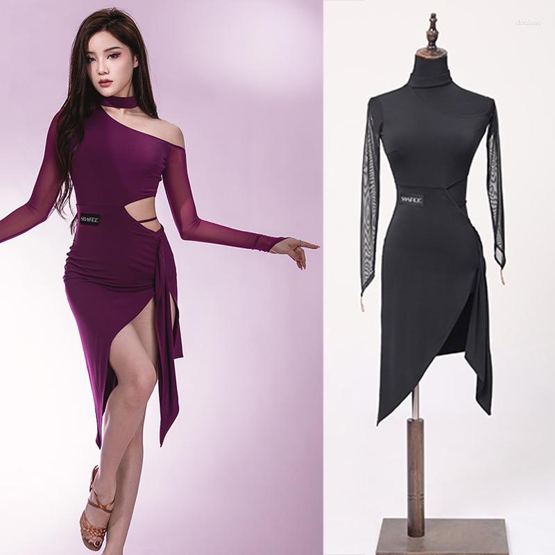 

Stage Wear Sexy Slanted Shoulder Cutout Latin Dance Dress Mesh Long Sleeved Ballroom Performance Dresses Practice Clothes SL6260, Black