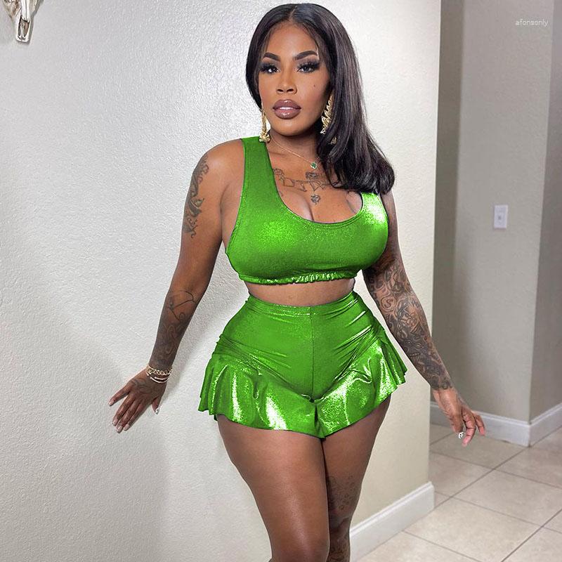 

Women' Tracksuits Znaiml Metallic Tank Crop Top And Ruffles Shorts 2 Piece Sets Womens Clothing Sexy Party Night Birthday Conjuntos Curtos, Green