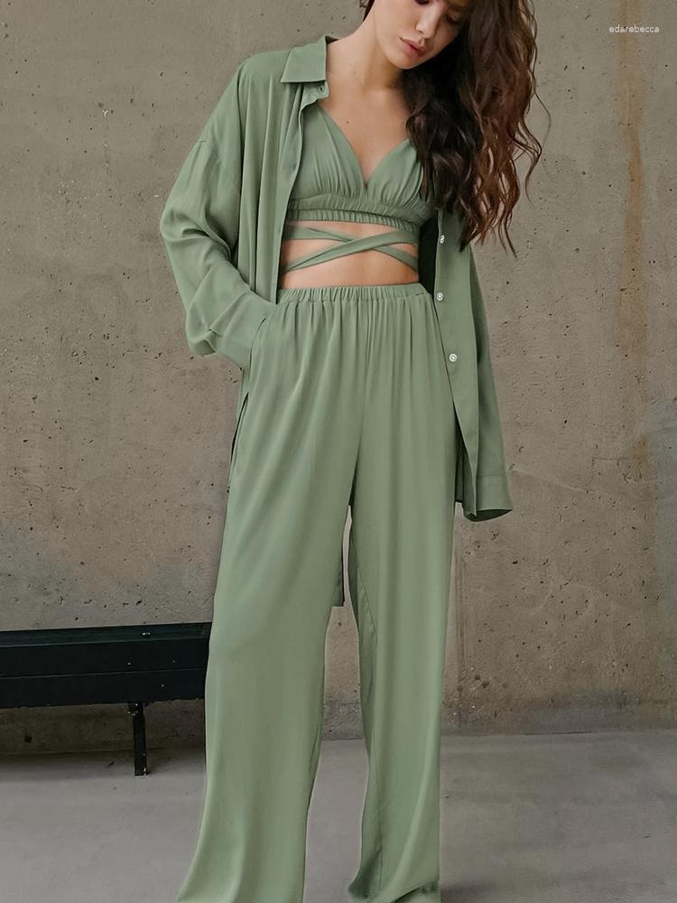 

Women' Sleepwear Loose Women' Nightwear 3 Piece Sets Green Long Sleeve Pajamas Female Bra Casual Trouser Suits 2023 Spring
