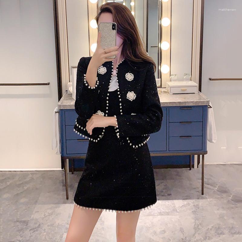 

Work Dresses Winter Women Tweed Vintage Two Piece Skirt Suits Sets Beading Coat And A-line Outfits Elegant Fashion 2, Black