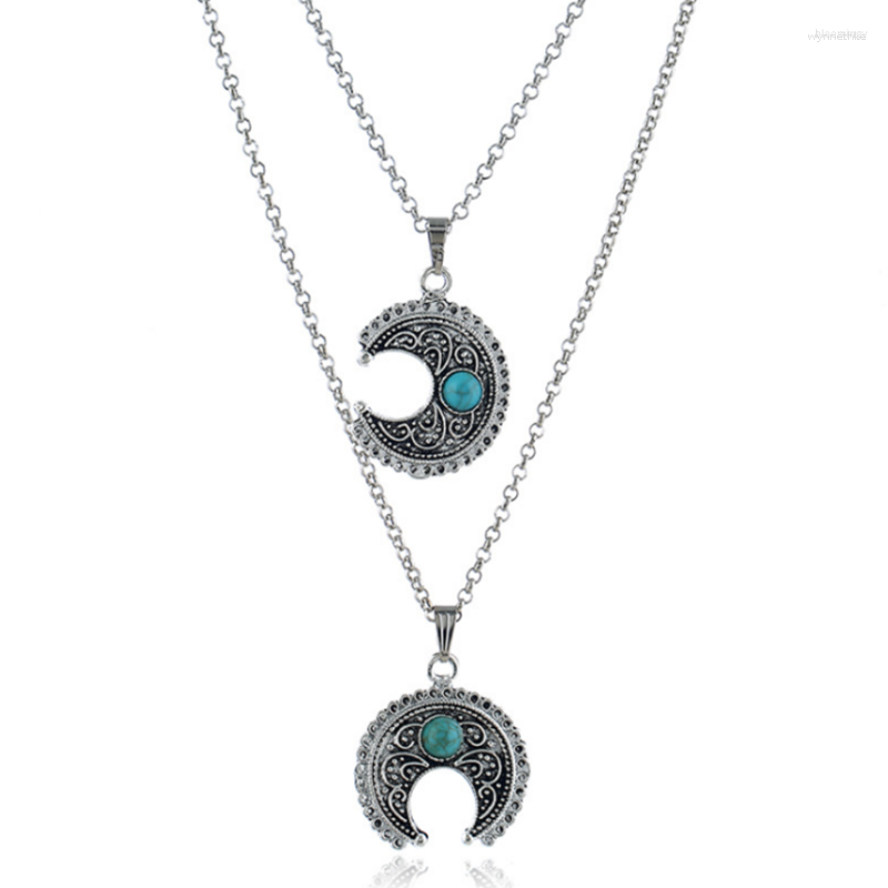 

Pendant Necklaces FYJS Unique Silver Plated Layer Crescent Moon Green Turquoises Stone Necklace Link Chain Jewelry