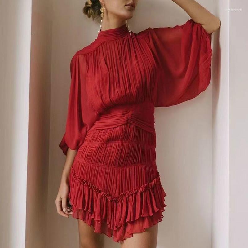 

Casual Dresses Vintage Red Dress For Women Stand Collar Lantern Sleeve High Waist Ruched Solid Mini Female 2023 Fashion Spring Z030