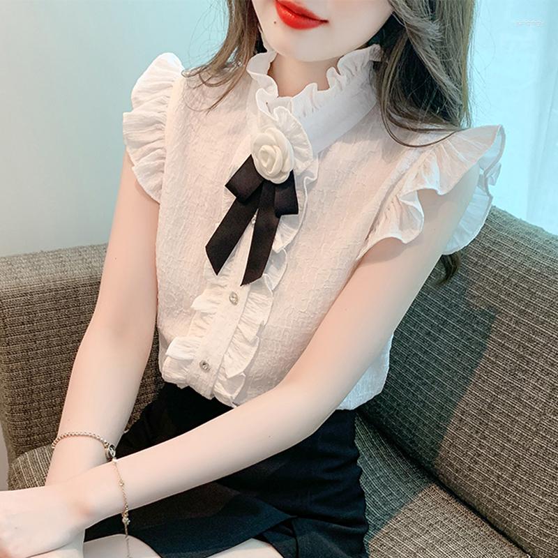 

Women' Blouses Sweet Pleated Ruffles Tops Single Breasted Standing Collar Bowknot Women Shirt Korean Fashion Office Lady Blouse, White