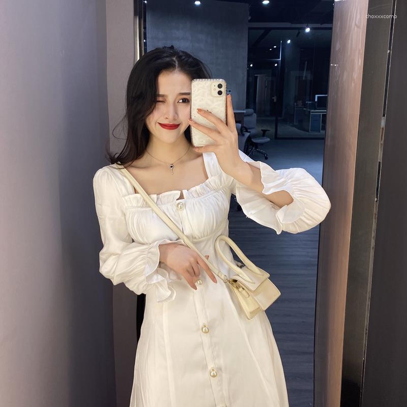 

Casual Dresses Super Fariy Dress 2023 Spring In Ruffles Square Collar French One Piece Trendy Chic Front Buttons Party White