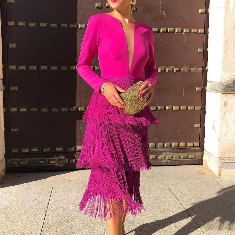 

Party Dresses 2023 Autumn And Winter Fashion Fringed Stitching Dress Temperament Women's Base Skirt Long Sleeve Women Clothes, Pink