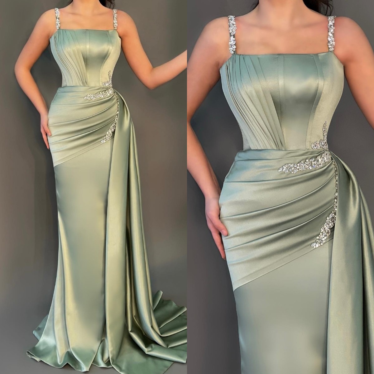 

Elegant Green Evening Dresses Beads Straps Party Gown Prom Dresses Waist Decor Formal Long Dress for red carpet special occasion, Customize