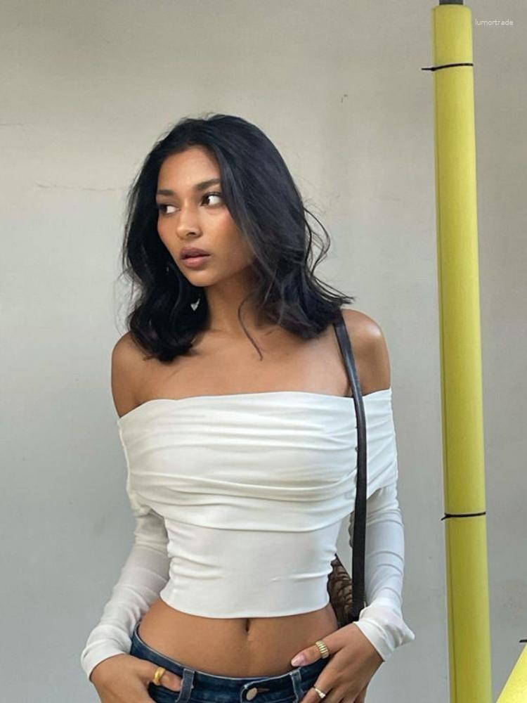 

Women' T Shirts HOUZHOU Sexy Slim Crop Top Women White Off Shoulder Long Sleeve Tshirt High Street Aesthetic Bodycon Kpop Summer Fashion