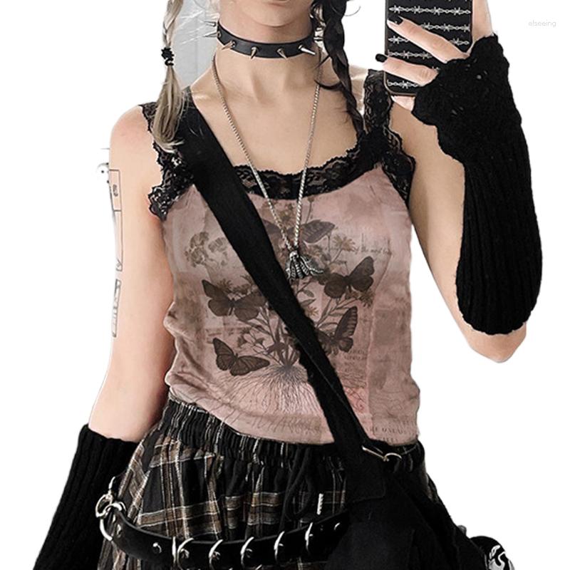 

Women' Tanks Kawaii Lace Trim Crop Tops Retro Butterfly Graphic Print Camisole Harajuku Grunge Y2K Aesthetic Tank Top E-girl Mall Goth Vest