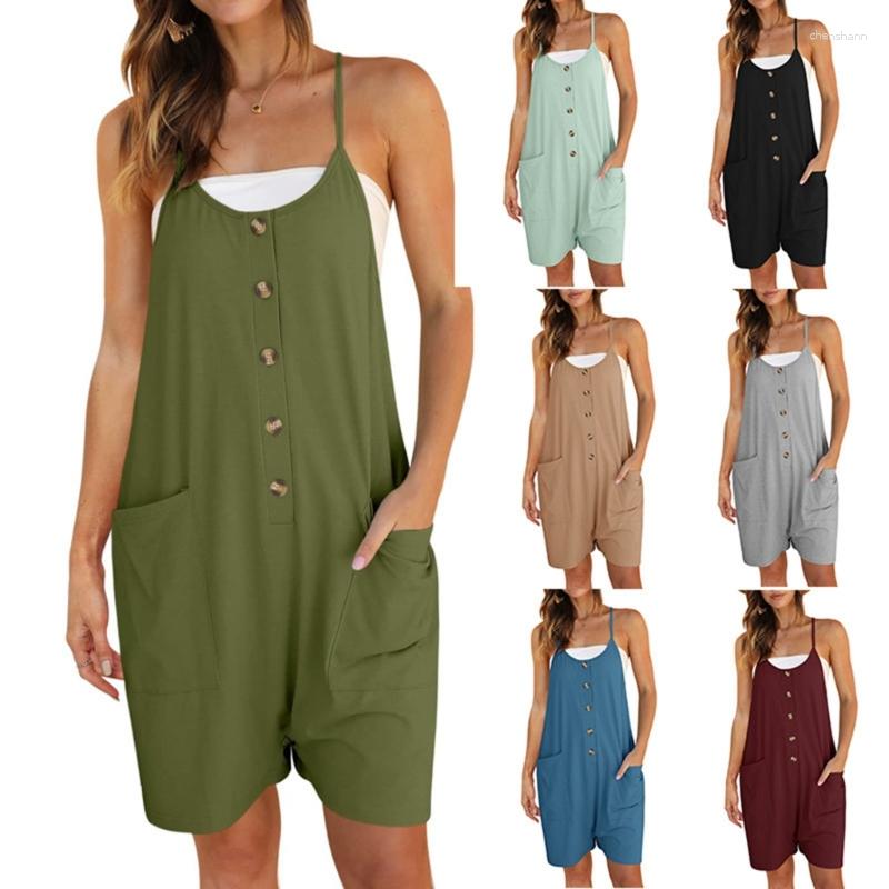 

Women's Tanks Summer Loose-Fit Romper Adjustable Spaghetti Straps And Convenient Pockets Long Pants Front Button Loose Jumpsuits, Gray