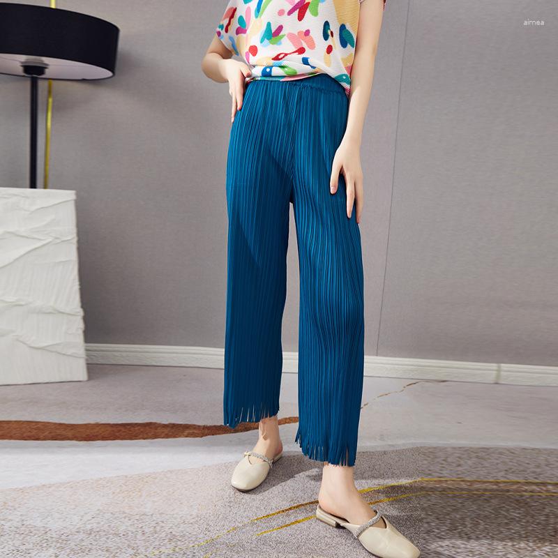 

Women's Pants Miyake Pleated Wide-leg Summer Women's Fashion Temperament High Waist Design Niche Tassel Nine-point Casual, Picture color