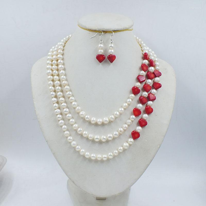 

Necklace Earrings Set 3 Rows Of 8MM Natural Pearl/coral Necklace/earrings Set. Perfect Bride Wedding Jewelry, Picture shown