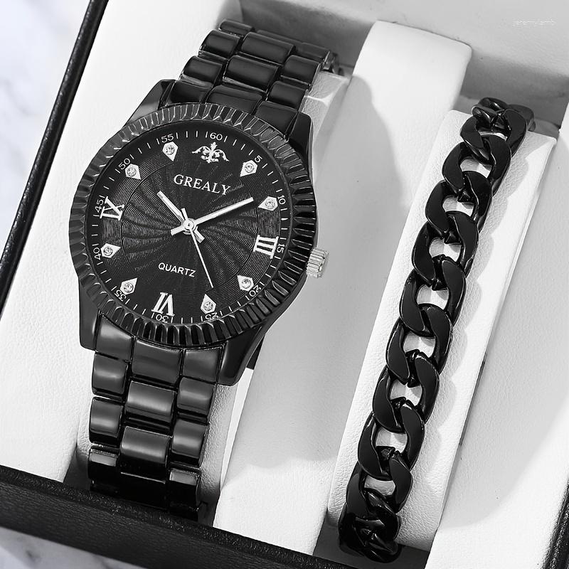 

Wristwatches 1pc Men's Quartz Steel Strap Watch &1pc Bracelet Combination Set, Black + bracelet