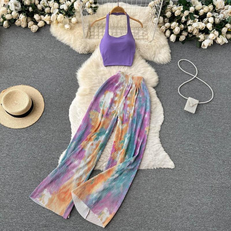 

Women's Tanks Fashion Arrival Women Summer Sexy Halter Tank Tops Wide-leg Long Pantsuit Female Slim Vacation Two Piece, Black