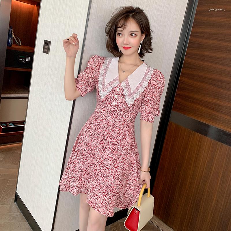 

Party Dresses Awarose Women Summer Vintage Floral High Waist Button A-line Mini Dress Short Sleeve Lace Patchwork V-Neck Elegant Sundress, Red