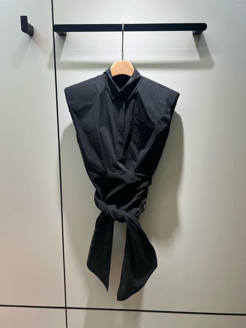 

Women' Blouses Sleeveless Shoulder Pad Tied Waist Laced Shirt Casual Fashion 2023 Summer 0515, White