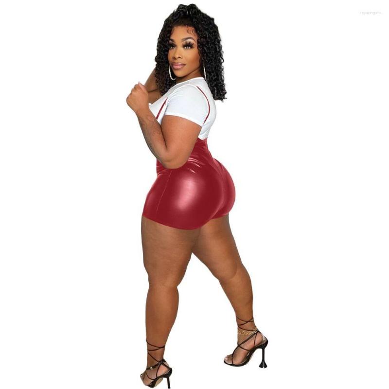 

Women's Tracksuits Red High Waisted Shorts Set For Women Fashion O Neck Short Sleeve T Shrit Top Pu Leather 2 Pieces Suits