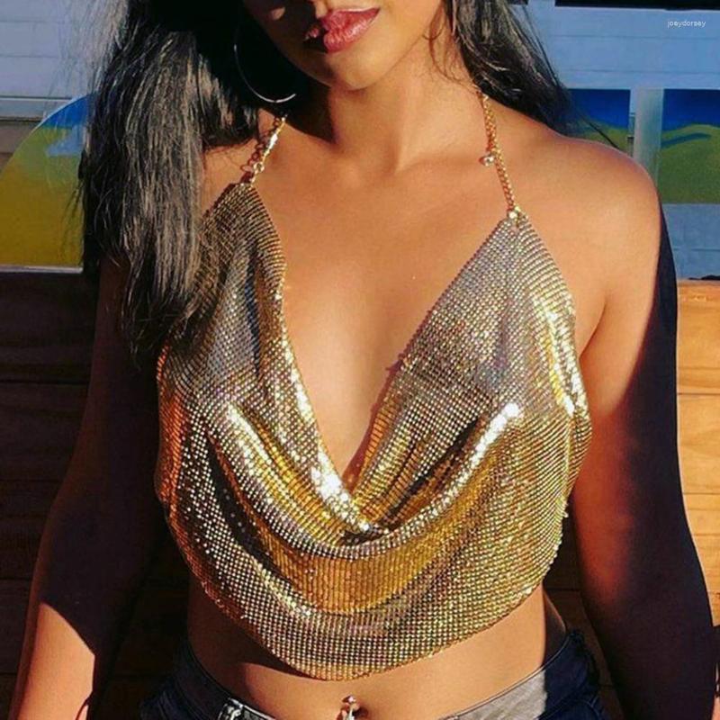 

Women's Tanks Sexy Summer Vest Deep V-neck Sleeveless Off Shoulder Navel Exposed Breathable Women Metal Texture Low-cut Halter Top, Silver