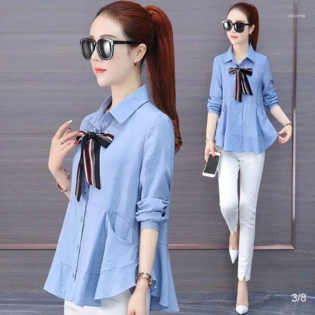 

Women's Blouses 2023 Arrival Shirt Womens Blouse Vintage Work Casual Tops Cotton Bow Tied Elegant Loose Women Business Shirts A618, Blue